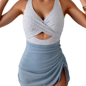 B2prity Women Mesh One Piece Swimdress Swimsuit Tummy Control V Neck Cutout Bathing Suit Wrap Drawstring Sarong Swimwear