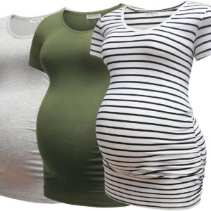Bearsland Womens Maternity Tshirt 3 Packs Classic Side Ruched Tee Top Mama Pregnancy Clothes
