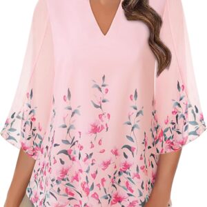 Bebonnie Womens Tops Dressy Casual Ruffle 3/4 Sleeve V Neck Double Layers Chiffon Blouses Tops