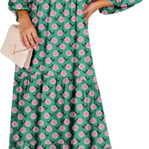 ANRABESS Womens Boho Maxi Dresses 2025 Summer V Neck Puff Sleeve Floral Flowy Swing Casual Long Dress