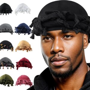 Babalet Halo Turban for Men Women Satin Lined Durag Head Wraps Skull Cap Pre-Tied Tassels Braid Beanie Vintage Twist Bonnet