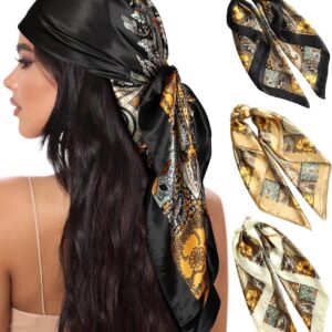 AWAYTR 35” Large Square Satin Head Scarf - 3Pcs Satin Hair Scarves Silk Bandana Scarf Headscarf Silk Feeling Scarf for Women