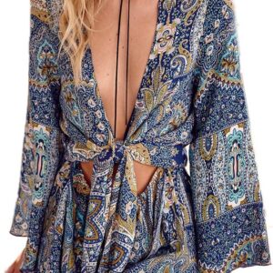 AELSON Women's Boho V Neck Print Romper Playsuit With Long Flare Sleeves
