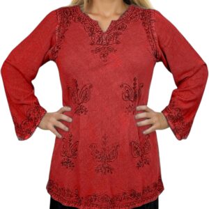 Agan Traders 2025 Summer Long Sleeve Diamond Neck Fall Embroidered Tops - Medieval Boho Vintage Tunic Kurta Blouses for Women