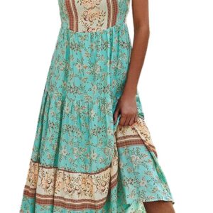 Angashion Women's Dresses Floral Adjustable Spaghetti Strap V Neck Boho Long Maxi Dress Summer Beach Flowy Ethnic Sundress