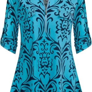 BEPEI Womens Floral 3/4 Sleeve Shirts Zip up V Neck Work Chiffon Blouses Top