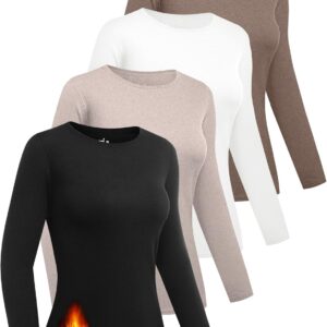 4 Pack Women Thermal Long Sleeve Shirts Crew Neck Double-Sided Fleece Lined Base Layer Undershirt Tops Cold Weather