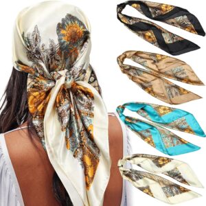 AWAYTR 35” Satin Large Square Head Scarves - 4PCS Silk Like Neck Scarf Hair Sleeping Wraps Satin Silk Scarfs for Women
