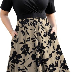 Ahlaray Womens Plus Size Dresses Short Sleeve Faux Wrap Causal Swing Dress with Pockets, L-4XL