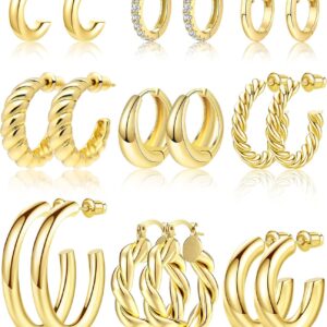 Adoyi 9 Pairs Gold Hoop Earrings Set for Womens Twisted Huggie Hoops Earrings 14K 18K Gold Plated for Girls Valentines Mother's Day Birthday Gifts Lightweight