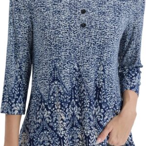 BAISHENGGT Women's 3/4 Sleeve Tunic Tops Floral Print Casual Flare Swing Blouse Buttons Up T Shirts