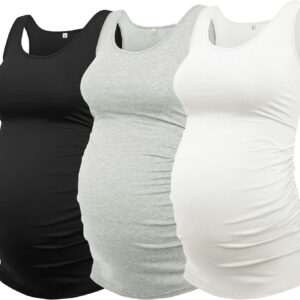 AMPOSH Women's Maternity Tank Top 3 Pack Ruched Side Sleeveless Pregnancy Basic Shirt
