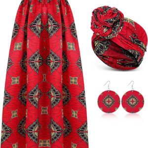 3 Pcs Women African Skirt Printed Maxi Skirt Long Skirts with Pockets Boho Casual Dress Head Wrap Scarf Drop Dangle Earrings