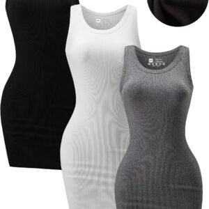 3 Piece Womens Summer Ribbed Tank Dress Scoop Neck Sleeveless Tank Top Dresses Basic Bodycon Mini Dress