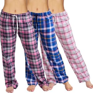 Active Club 3 Pack Cotton-Blend Flannel Pajama Pants for Women, Flannel Plaid PJ Pants for Women for Sleep and Lounge (S-2X)