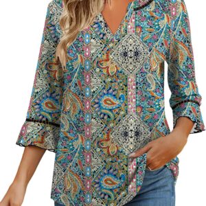 3/4 Length Sleeve Womens Tops Summer Ruffle Sleeve Blouses V-Neck Lace T-Shirts Dressy Casual